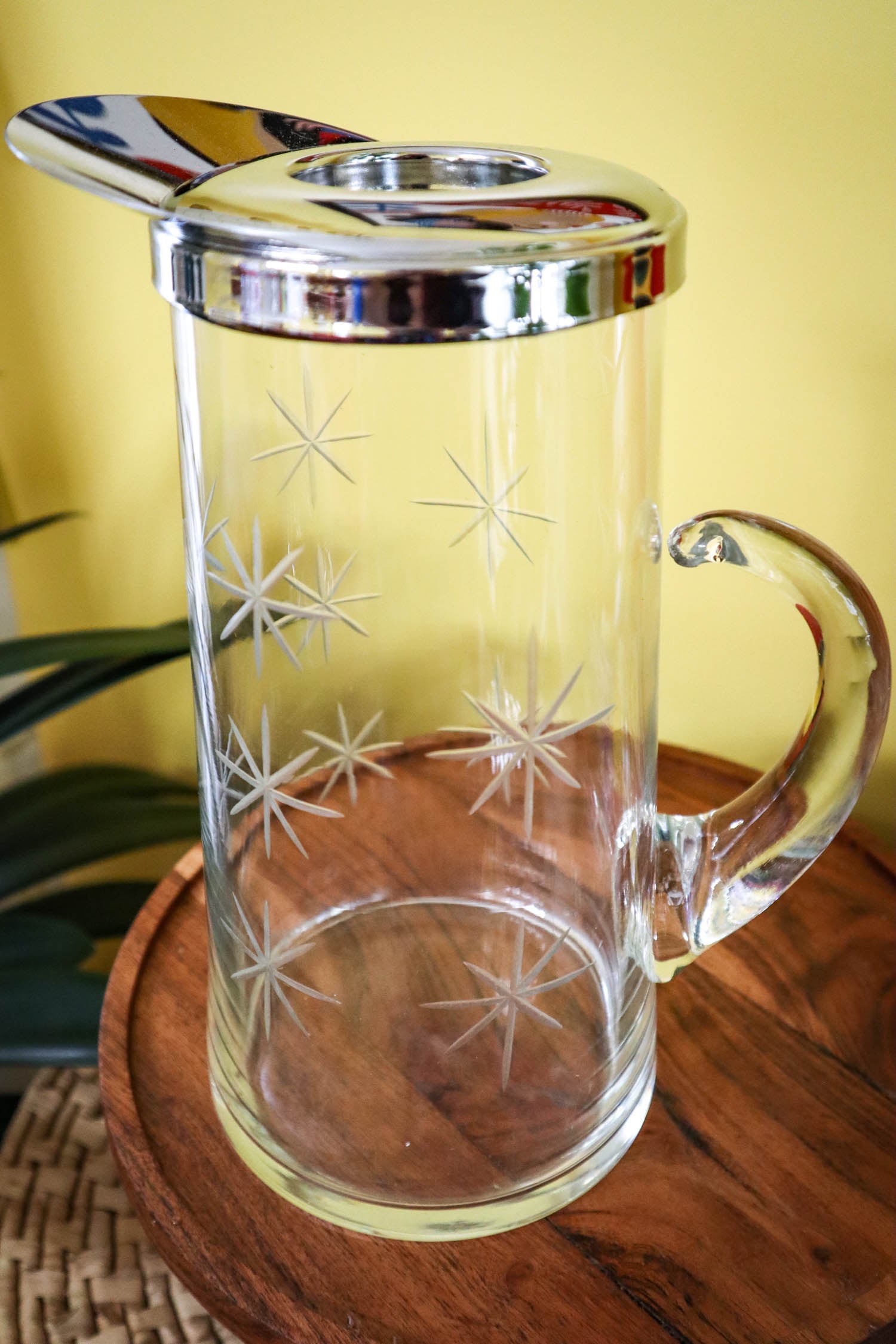 MCM Atomic Starburst Glass Pitcher Etched Glass Cocktails Martinis