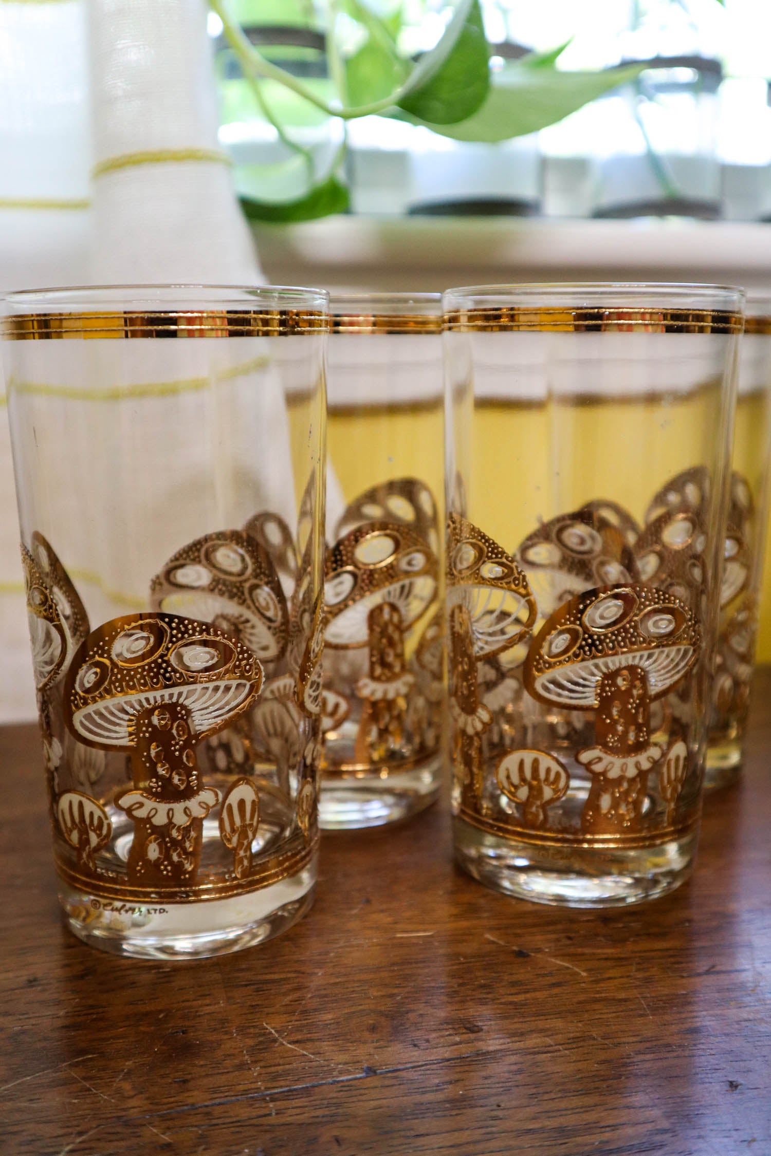 6 Culver gold mushroom shops highball glasses