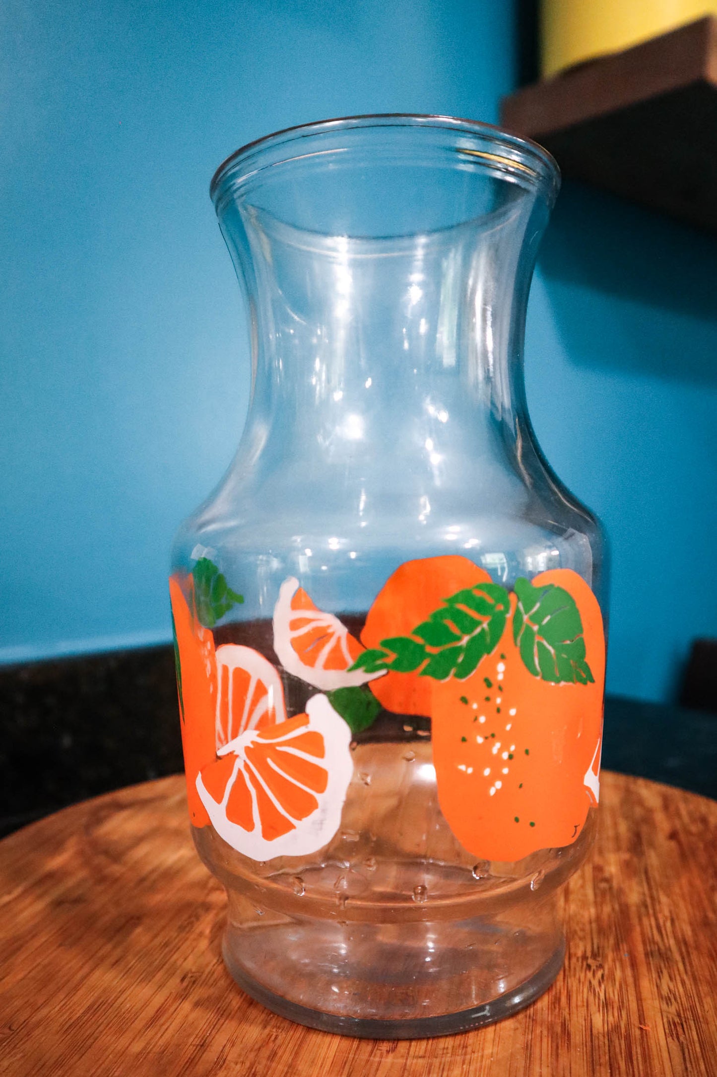 Vintage Anchor Hocking spring and bridge Glass Jars With Red and Orange  Plastic Lids. Juice Carafe. 