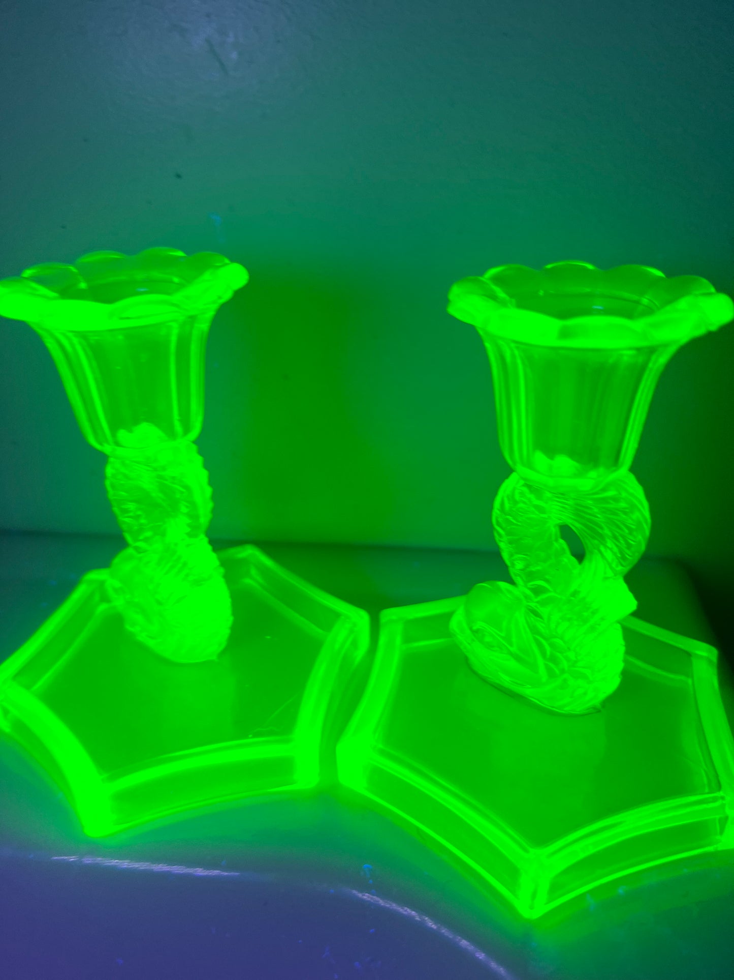 Uranium Glass Koi Fish Candlestick Holders