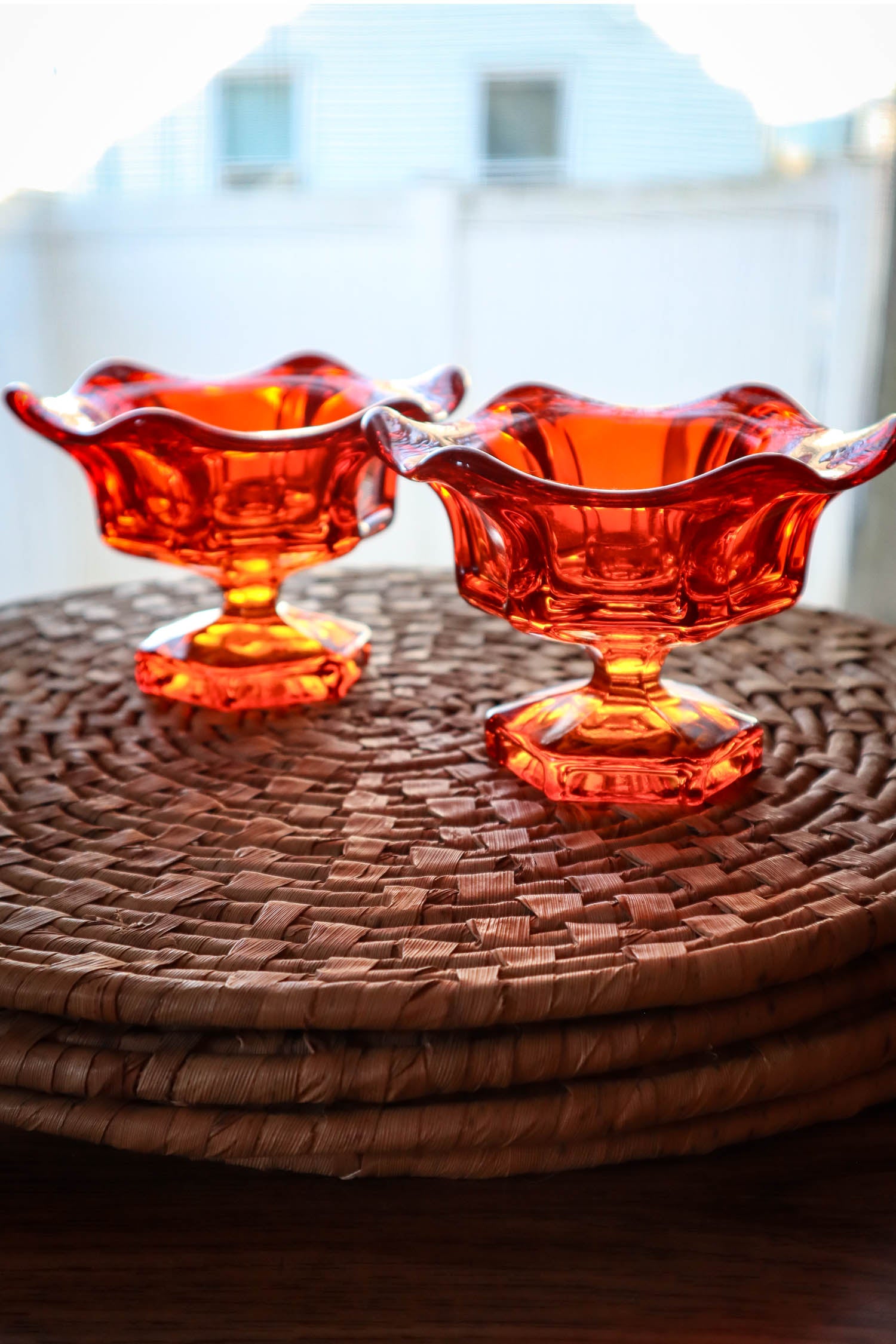 Set of 2 Vintage MCM outlet Viking Art Glass Astra Taper Candle Holders Persimmon